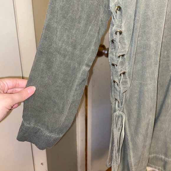 She and Sky Utility Shirt Olive Button up with ties on the side - Picture 2 of 4